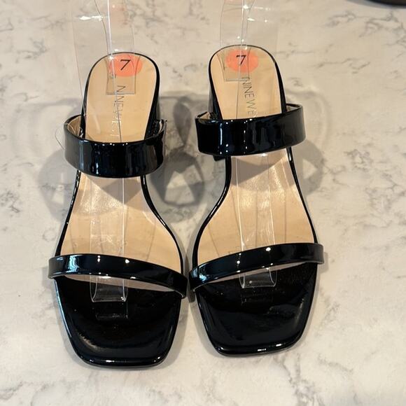 Nine West black patent faux leather heel double strap slide mule heel size 7 - Picture 4 of 7